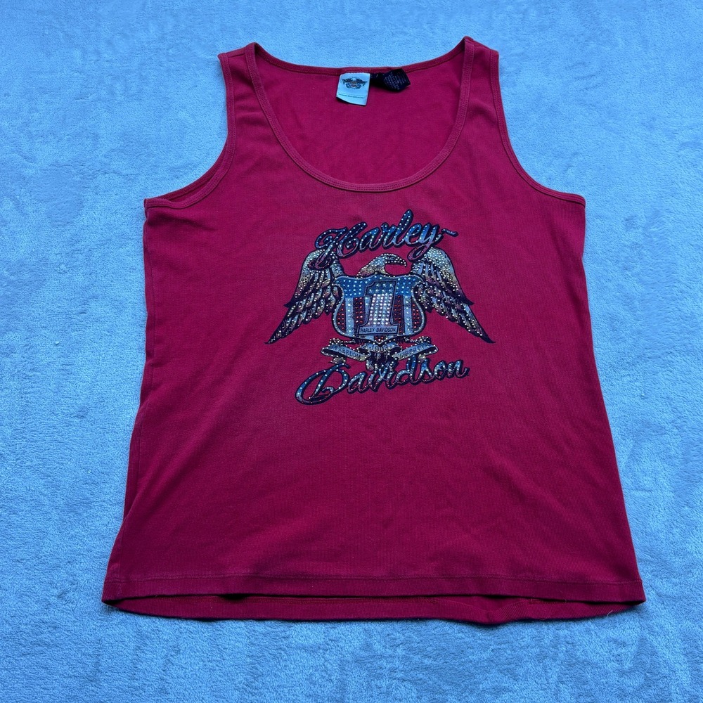 Harley-Davidson Tank Top Women 2W Red Eagle Shield Graphic Ribbed Sleeveless USA